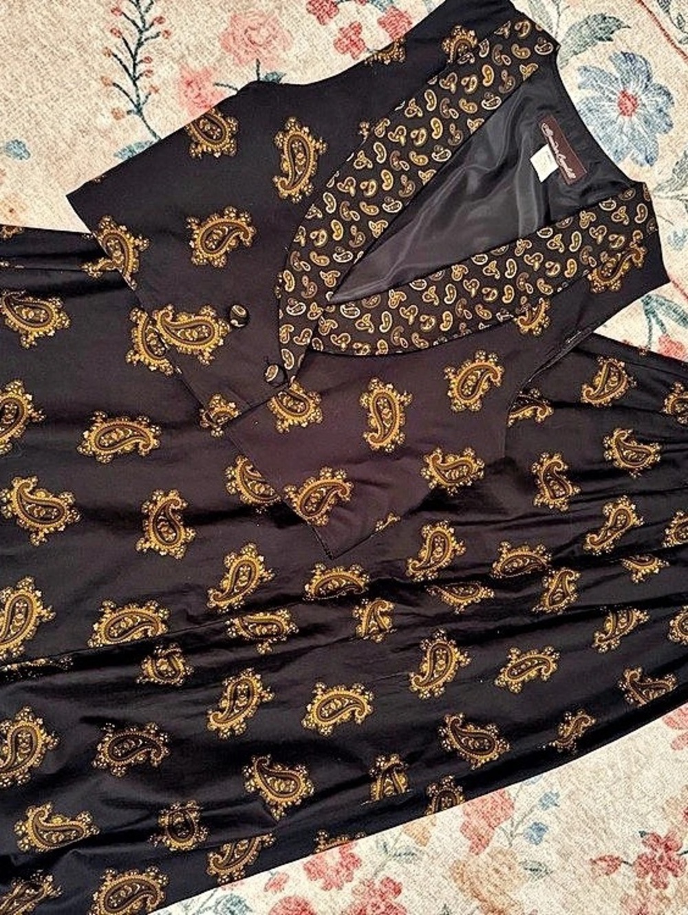 Vintage Alexander Campbell Black and Gold Paisley Print Vest and Skirt Set